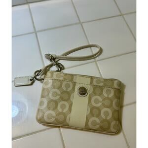 COACH Leather Pouch Beige & Gold Color with Handle Strap 4.0 x 5.9 x 0.8 Inch‎